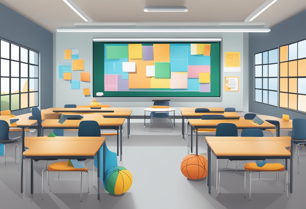 I-Powered Collaboration Tool: A classroom setting with various educational technology tools and obstacles symbolizing the challenges and barriers of implementing AI-powered collaboration tools in education