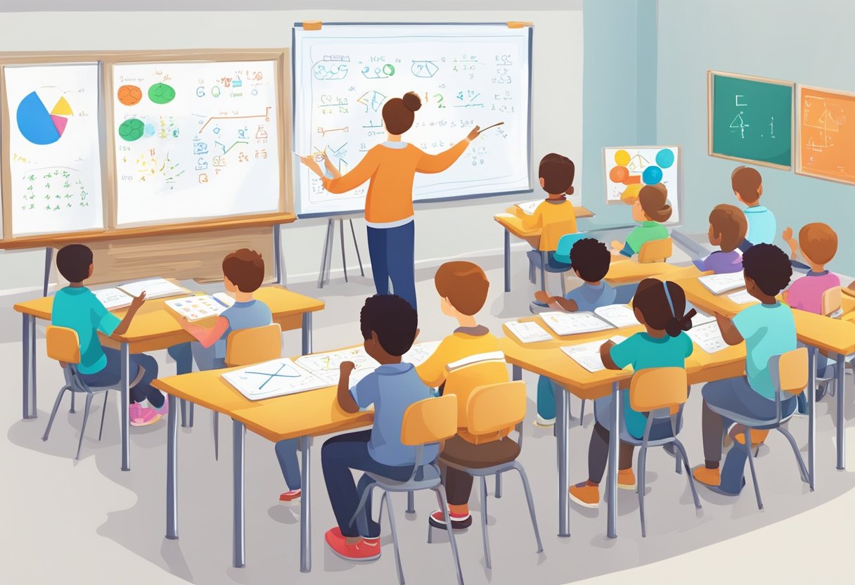 Maths calculations: A classroom with students engaged in various math games, using manipulatives and writing on whiteboards, while the teacher facilitates the activities