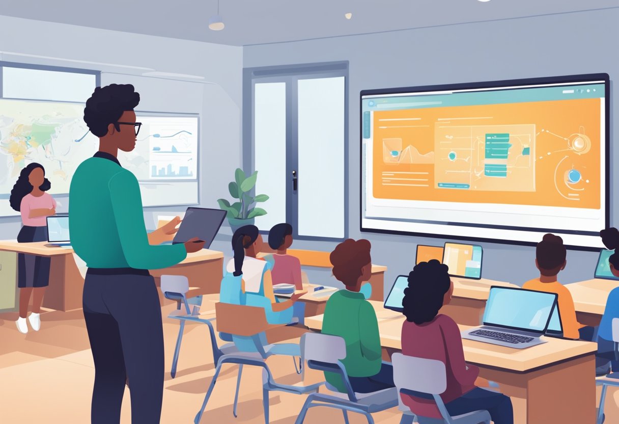 I-Powered Collaboration Tool: A classroom setting with students using AI-powered collaboration tools on their devices, while a teacher observes and tracks their progress on a digital dashboard