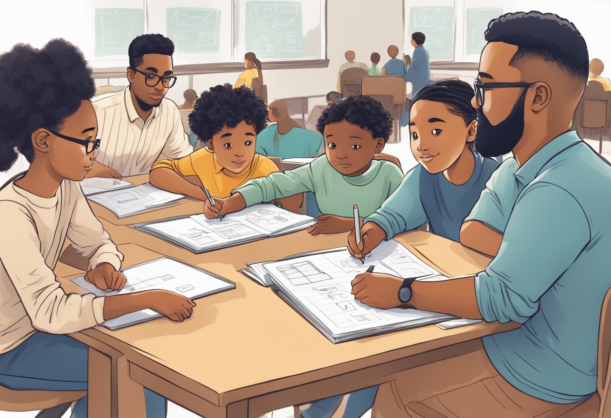 Maths calculations: A group of diverse students work together at desks, solving math problems on whiteboards while the teacher observes and guides the class