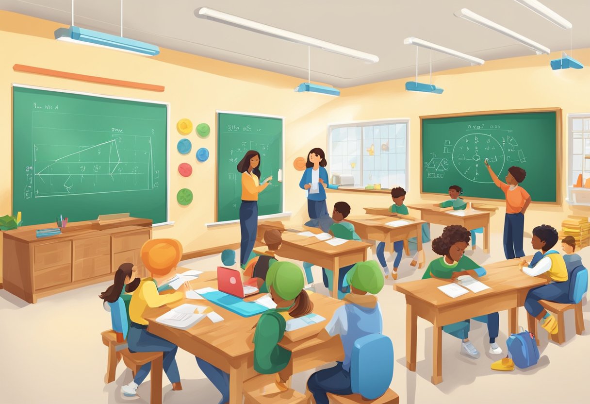 Maths calculations: A classroom with students engaged in various activities related to math calculations, such as using manipulatives, solving problems on the board, and working in small groups