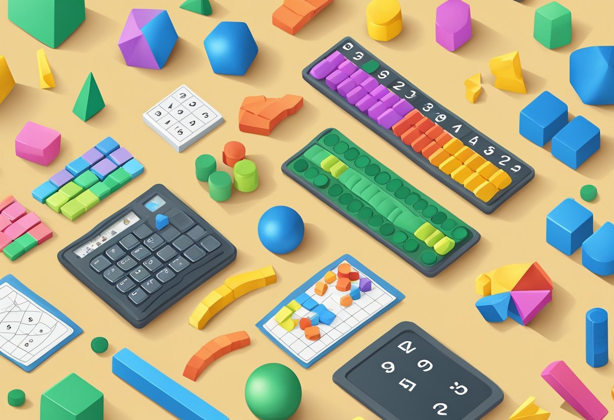 Maths calculations: A colorful classroom scene with various math manipulatives and tools scattered on a table, including number blocks, counters, and a chalkboard with equations