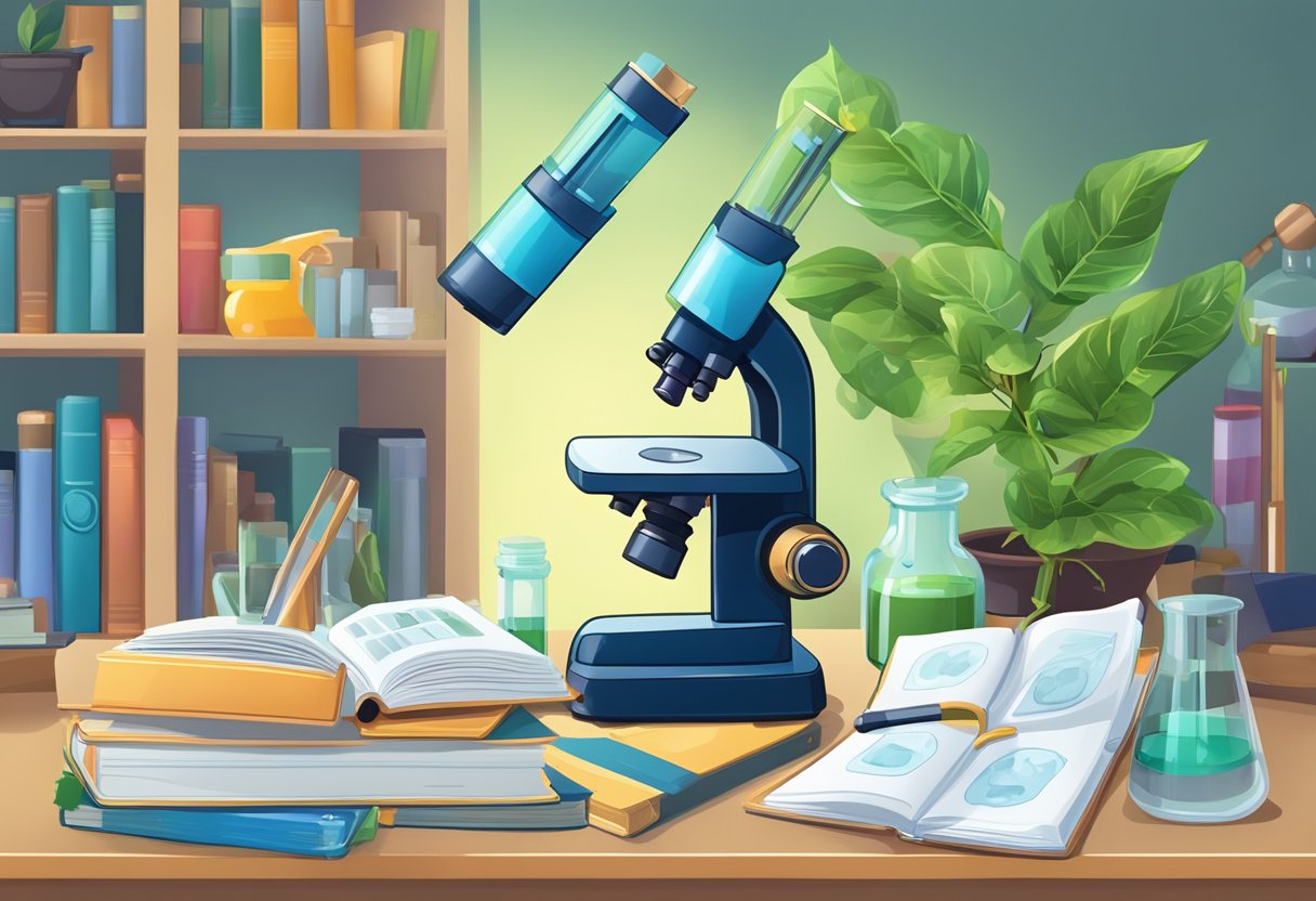 A microscope and various biology textbooks scattered on a desk, with a potted plant and lab equipment in the background
