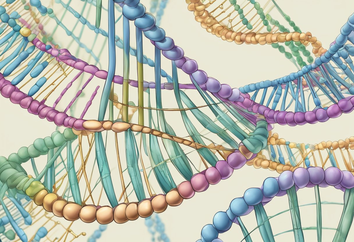 Biology: A DNA double helix unwinds, with RNA polymerase transcribing a strand, while proofreading enzymes correct any errors in the transcription process