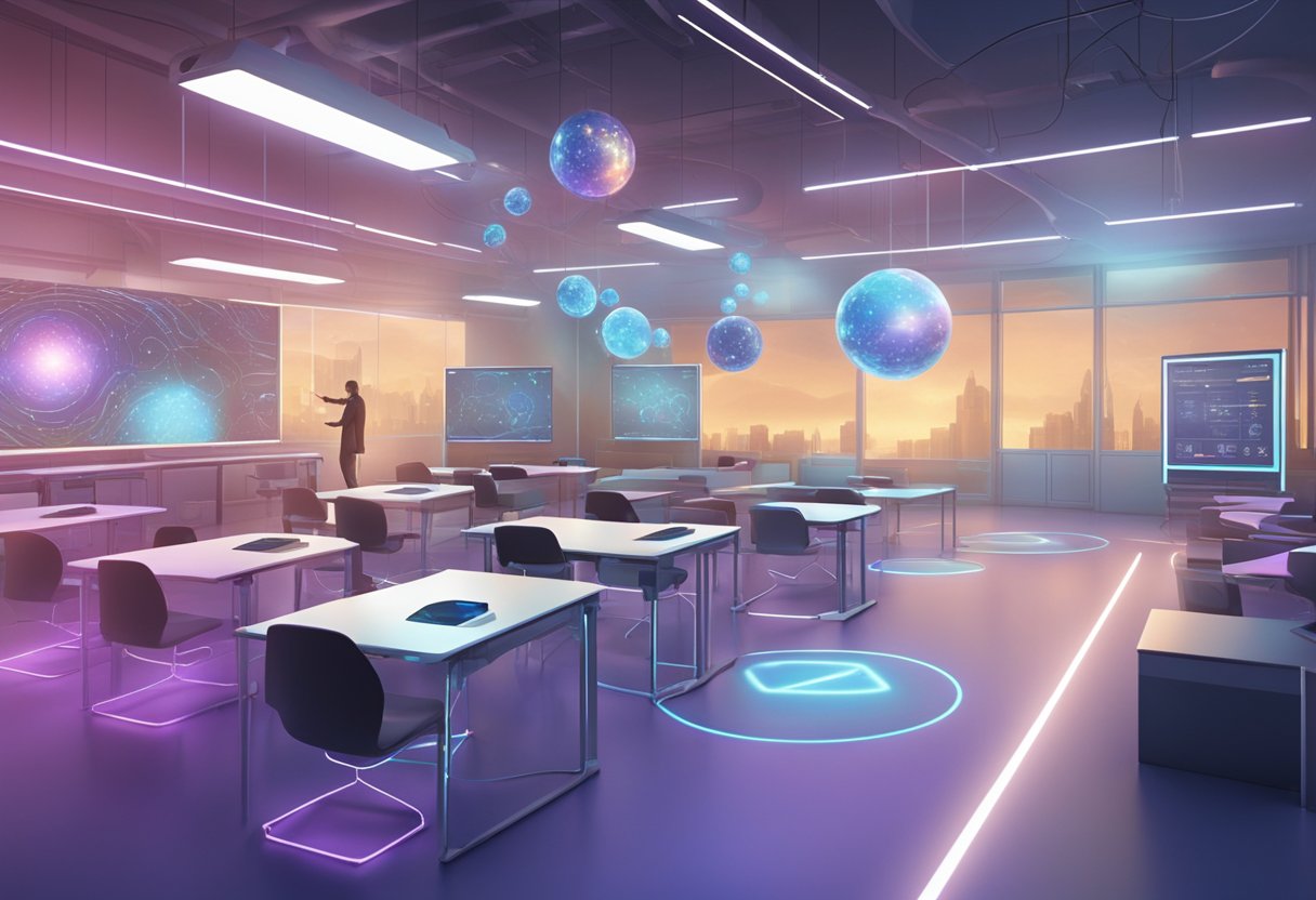 Exploring New Trends in Biology Education: Innovations Shaping the Classroom Experience Biology Education,Biology LearningMole Biology Education: A futuristic classroom with holographic displays, virtual reality headsets, and interactive genetic models