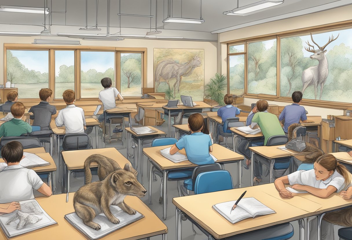 Human Body: Anatomical diagrams of animals and advanced body techniques fill the classroom, with students eagerly studying and sketching