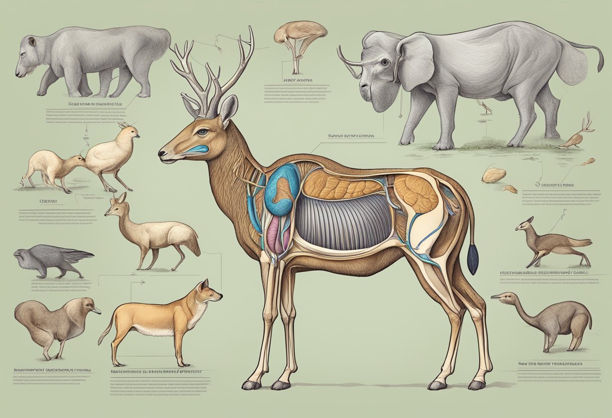 Human Body: A detailed illustration of animal anatomy with labeled body systems and organs