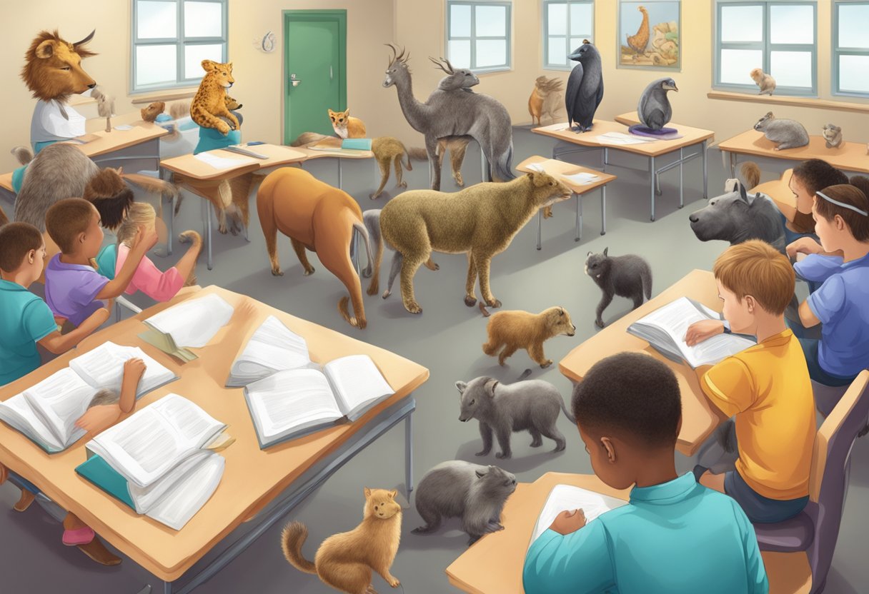 Human Body: A group of animals learning advanced human body techniques in a classroom setting