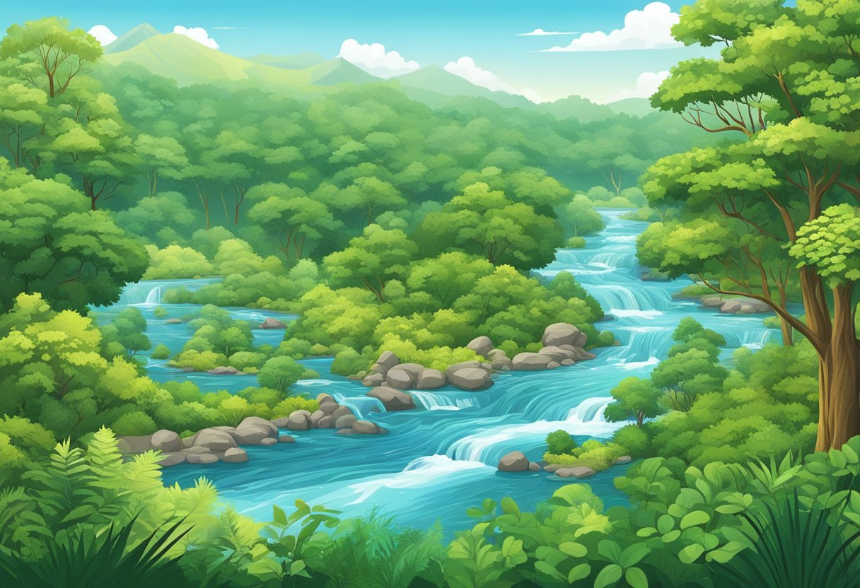 Human Body: A lush forest with diverse wildlife, flowing rivers, and a clear blue sky