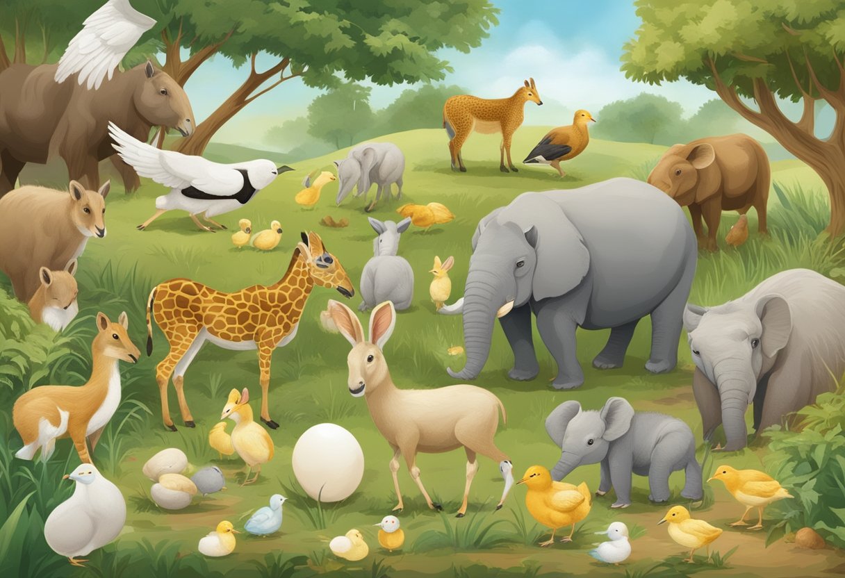 Human Body: A group of animals in various stages of development, from eggs to newborns, surrounded by their parents in a natural setting