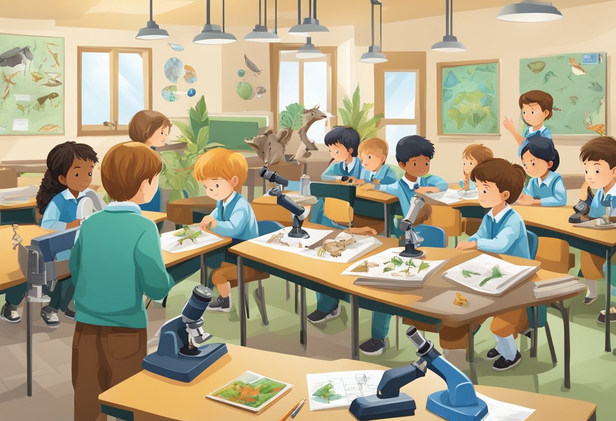Human Body: A group of upper primary students conducting biology research on various animals in a classroom setting, with microscopes, charts, and diagrams