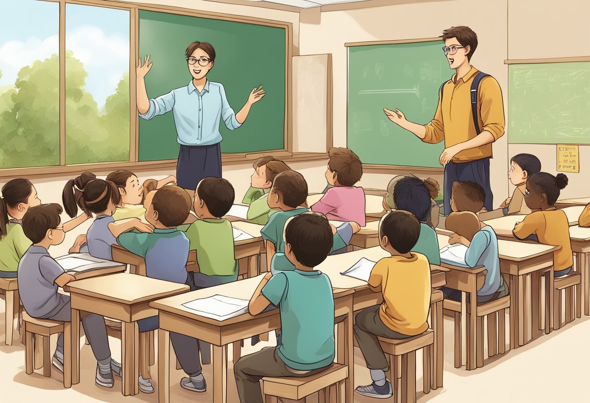 Human Body: A group of curious upper primary students surround a teacher, eagerly asking questions about advanced human body and animal techniques