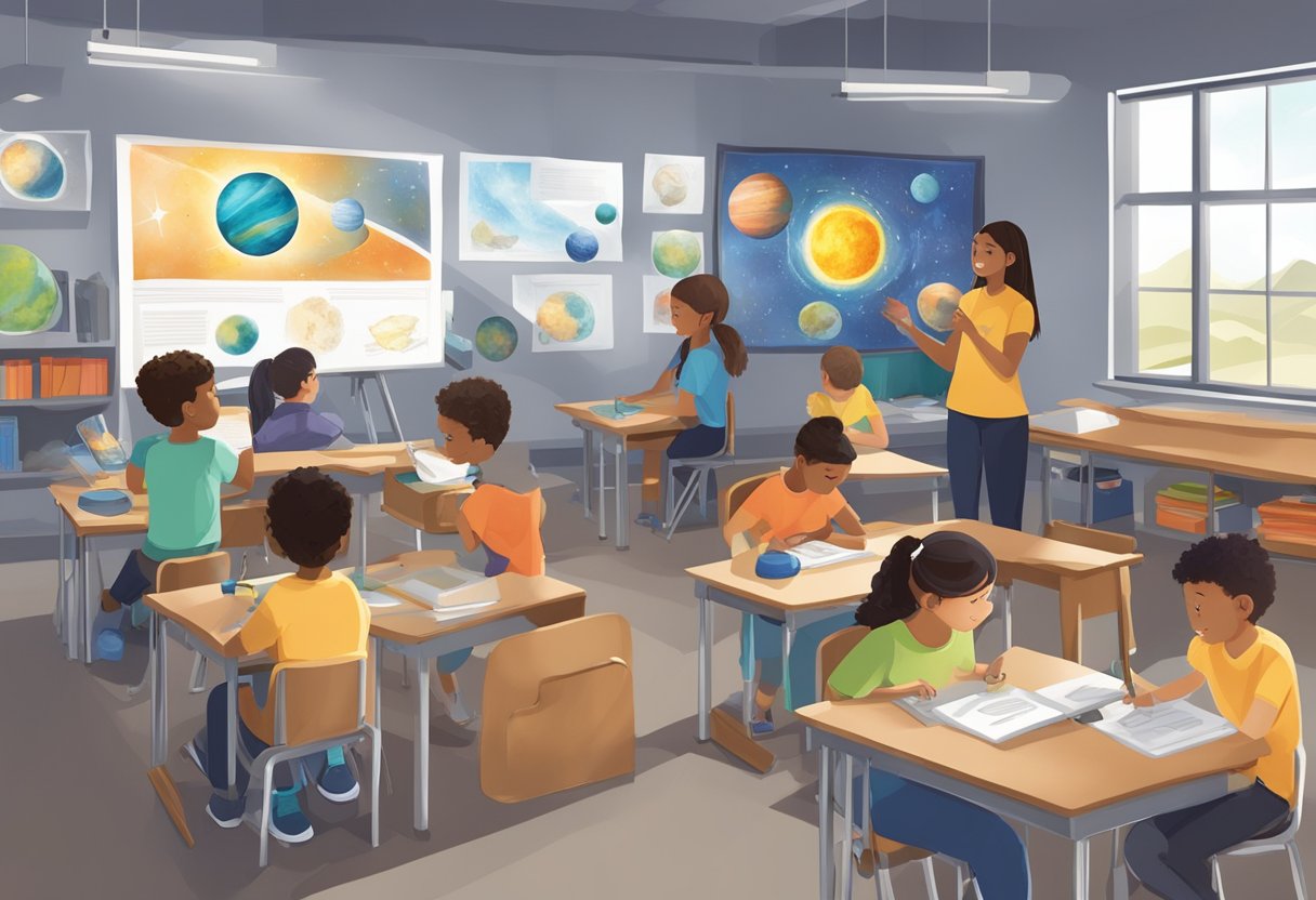 Top 10 Classroom Activities for Teaching Earth & Space: Fun and Educational Ideas for Primary School Teachers Earth and Space,Science,earth LearningMole Earth and Space: A classroom with students engaged in hands-on activities like building model solar systems, using telescopes, and studying rock samples