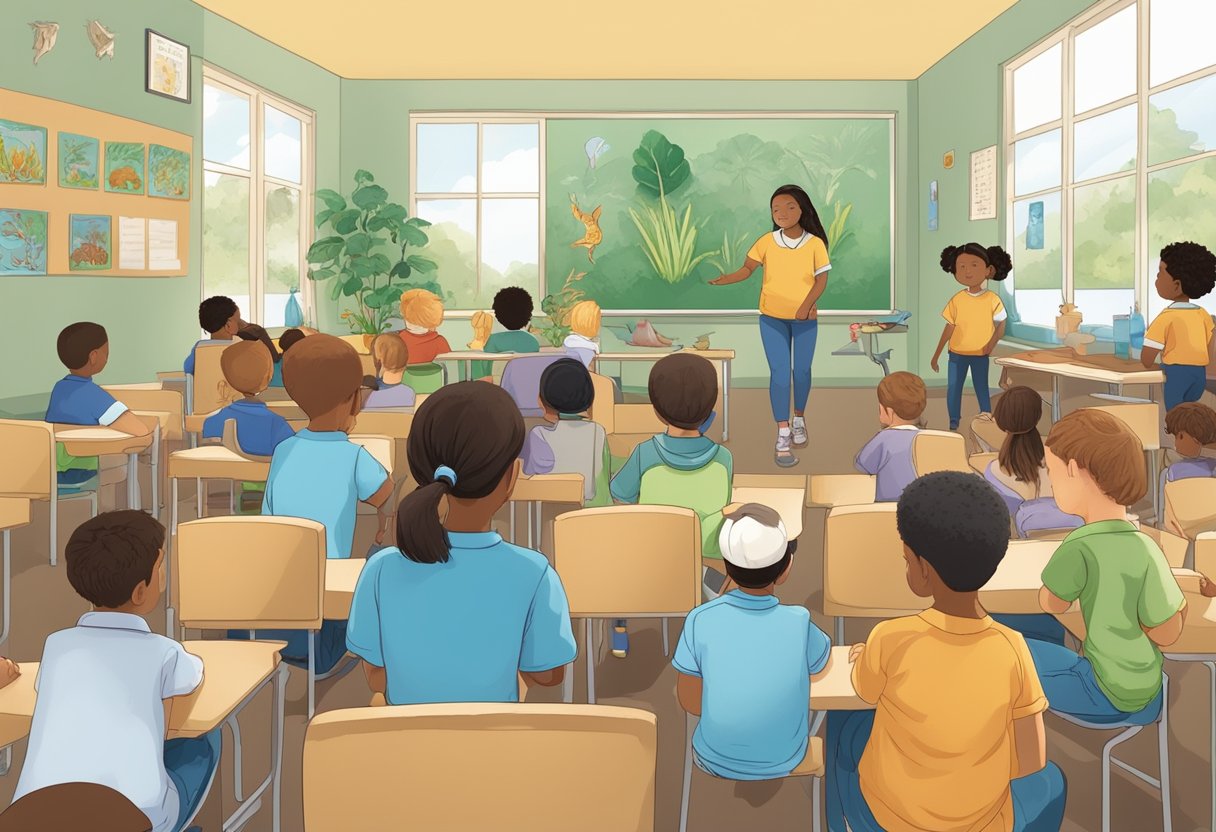 A classroom setting with young students observing and interacting with animals, plants, and models of the human body for educational purposes