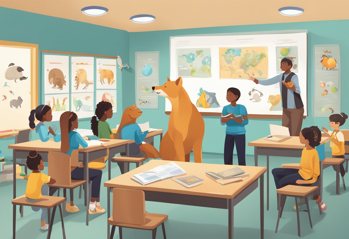 human body: A classroom with diverse animal models and diagrams, surrounded by curious students and a teacher engaging in interactive learning