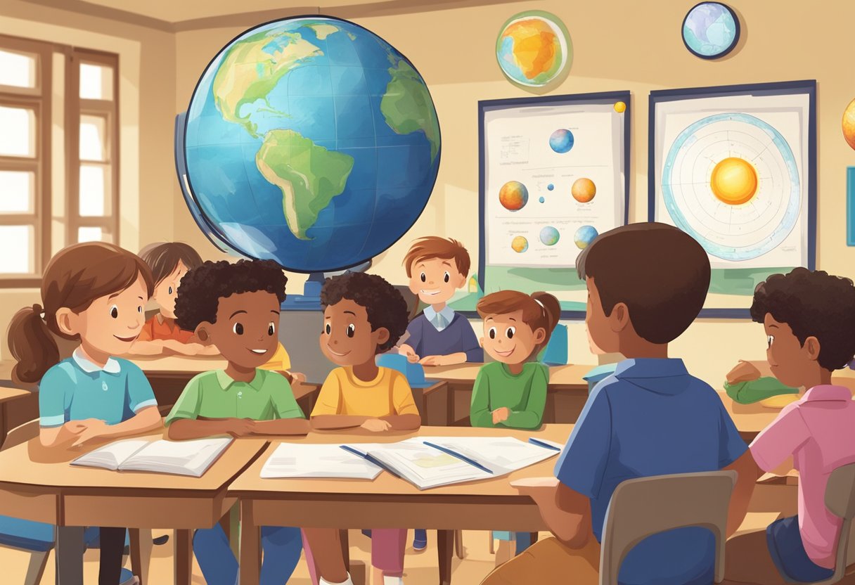 Real-Life Applications of Earth & Space in Primary Education: Bringing the Cosmos to the Classroom Earth and Space,Science LearningMole Earth and Space: A classroom with children observing a model solar system and a globe, while a teacher explains the connection between Earth and space
