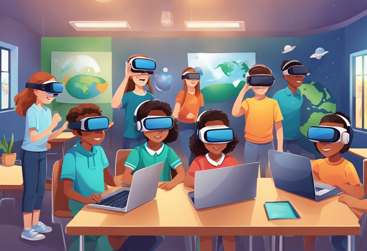 Real-Life Applications of Earth & Space in Primary Education: Bringing the Cosmos to the Classroom Earth and Space,Science LearningMole A group of young students using virtual reality headsets to explore Earth and space in a vibrant classroom setting