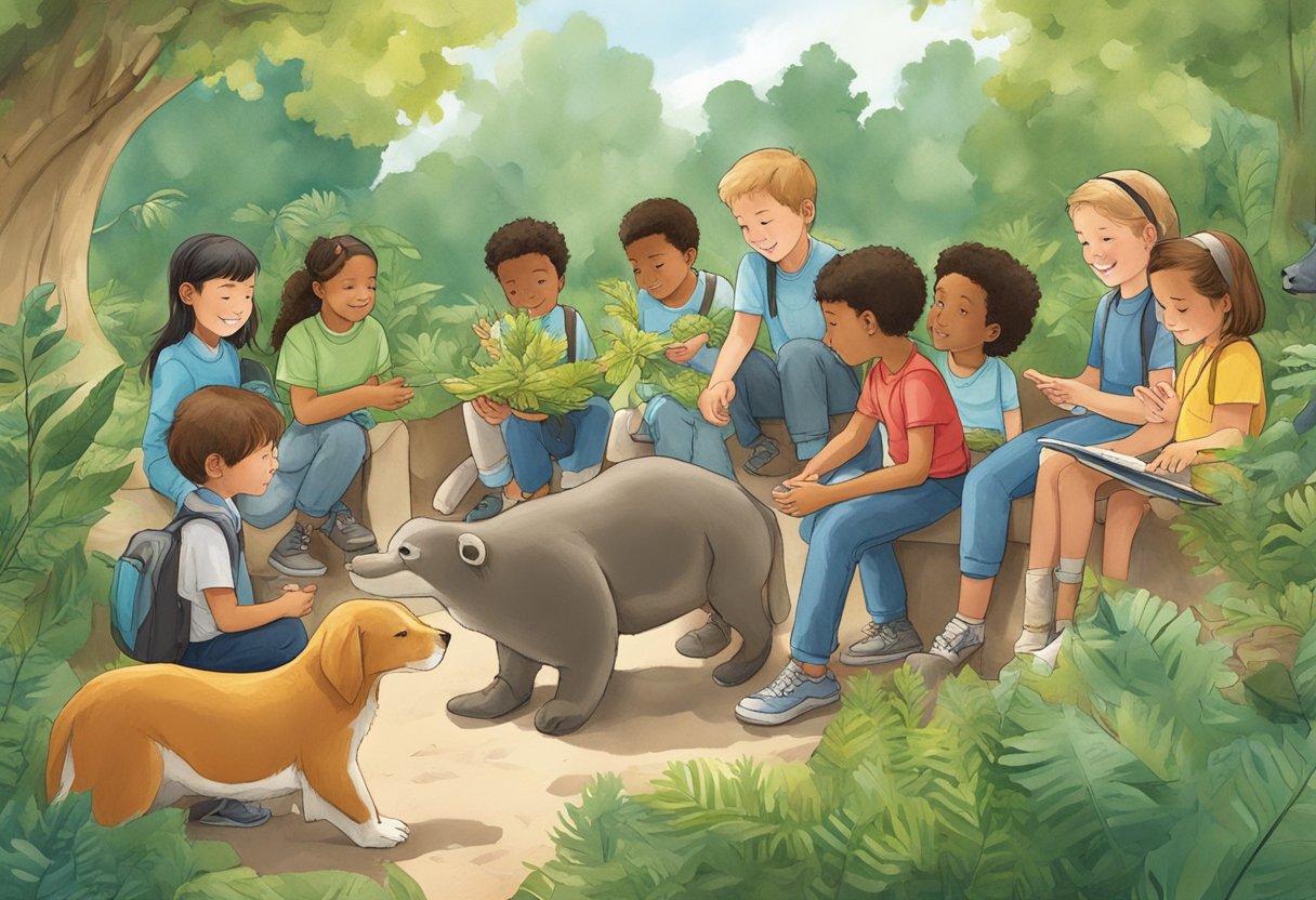 human body: A group of young students observe and interact with various animals and plants in a lush outdoor classroom, learning about the natural world through hands-on experiences
