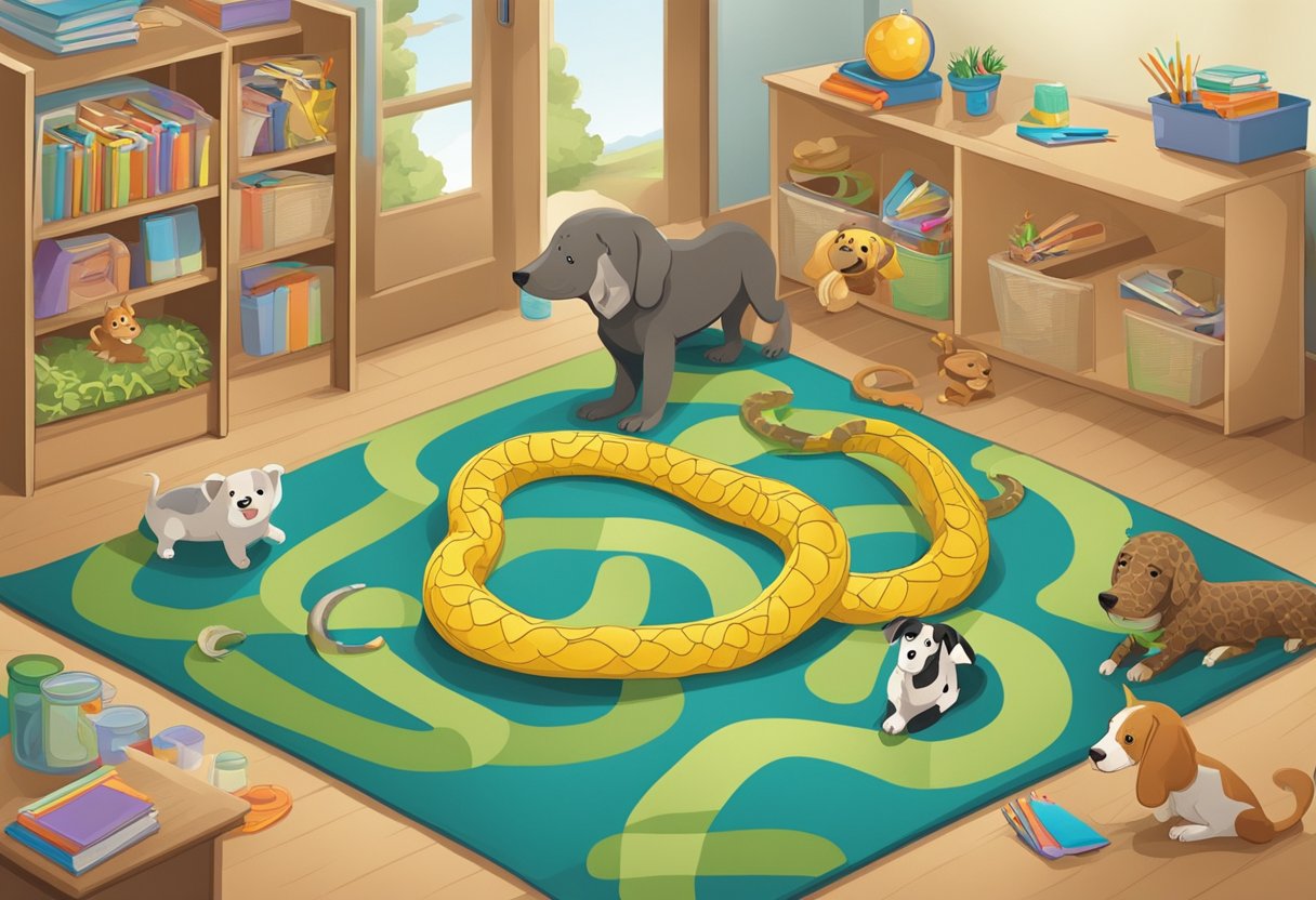 human body: A classroom with various animals and sensory activities, such as a snake slithering through a maze and a dog sniffing different scents
