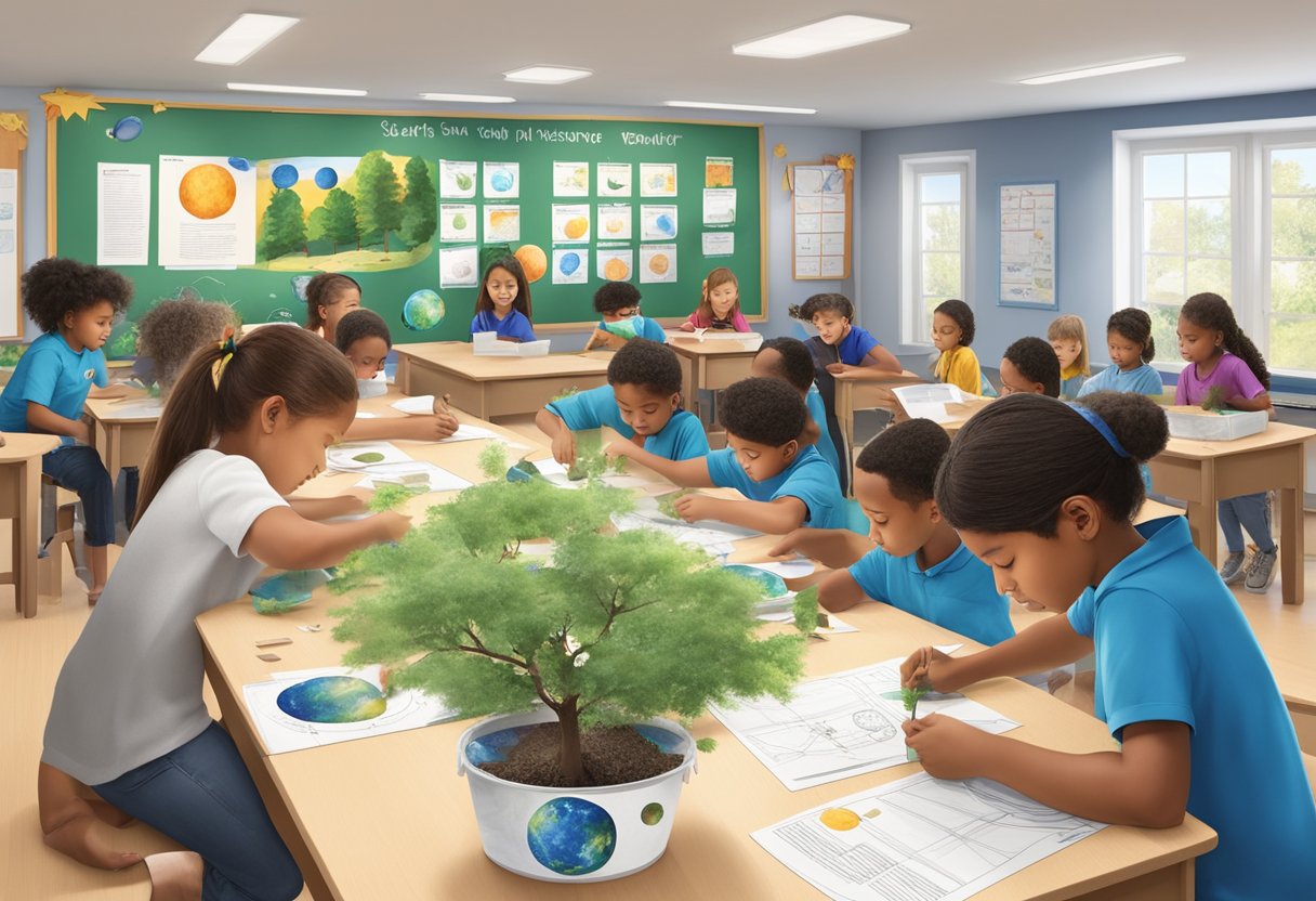 Top 10 Classroom Activities for Teaching Earth & Space: Fun and Educational Ideas for Primary School Teachers Earth and Space,Science,earth LearningMole Earth and Space: Students planting trees, observing the phases of the moon, and building solar ovens in a classroom filled with posters of the solar system and recycling bins