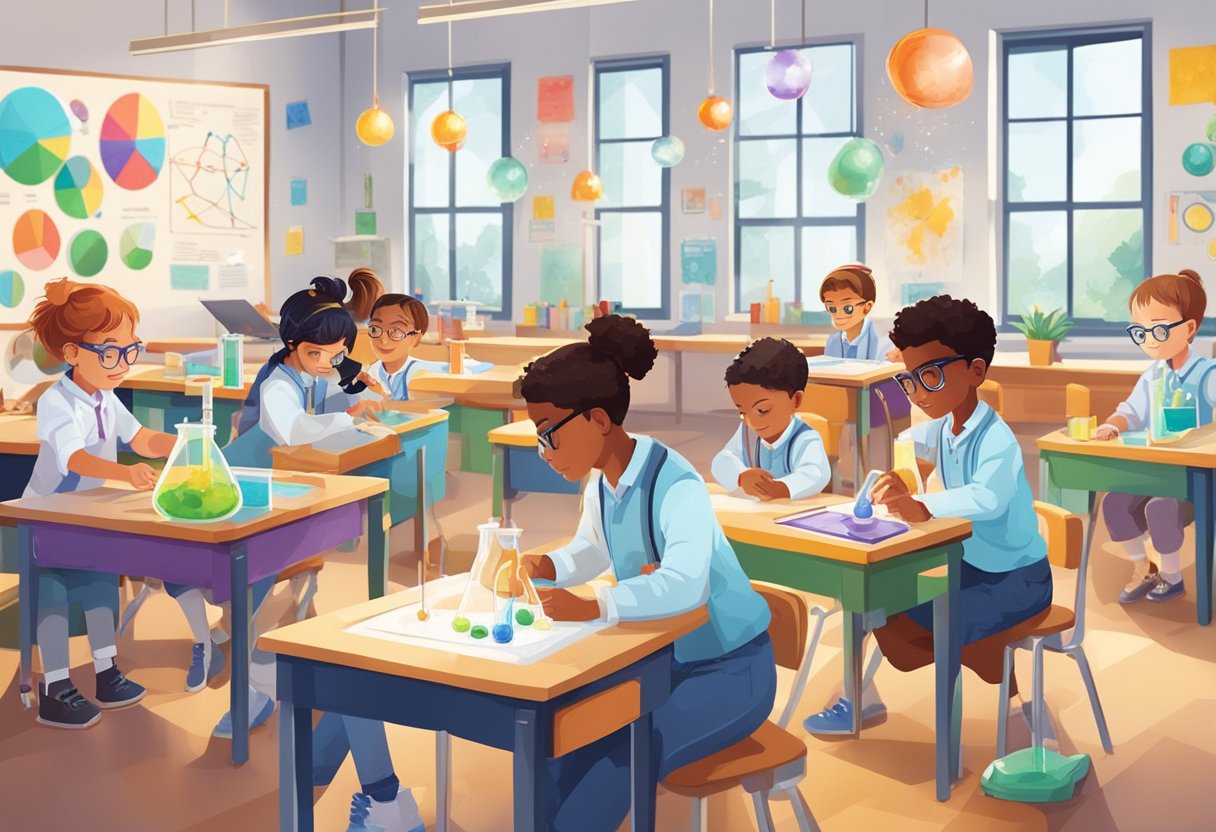 Experiments in Primary: A group of young students eagerly conduct hands-on science experiments in a bright and spacious classroom, surrounded by colorful charts and lab equipment