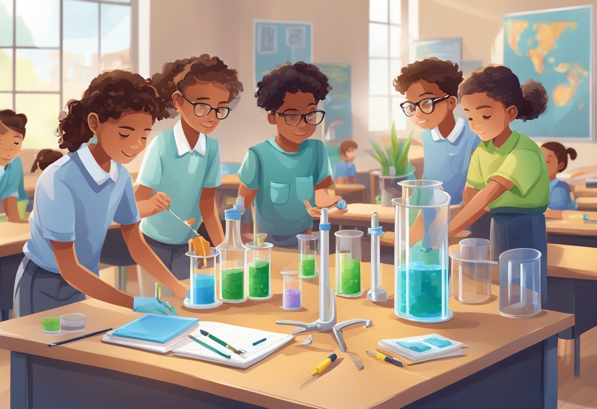 Experiments in Primary: A group of young students conduct hands-on experiments in a classroom, using various materials and tools to explore scientific concepts