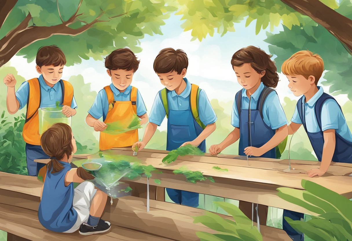Experiments in Primary: A group of primary school students conduct experiments outdoors, observing the effects of wind, water, and gravity on natural objects