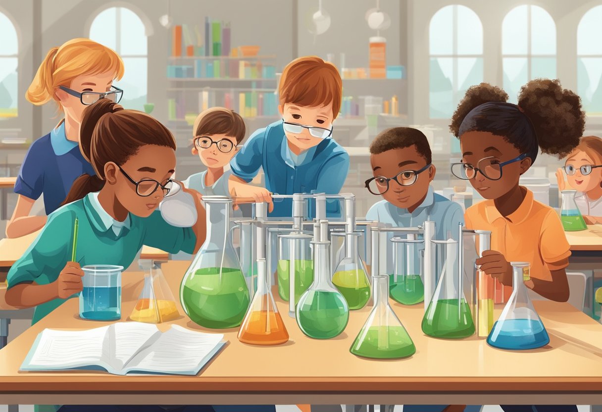 Experiments in Primary: A group of young students conduct hands-on experiments in a classroom, using beakers, test tubes, and other scientific equipment to explore real-life applications of scientific knowledge