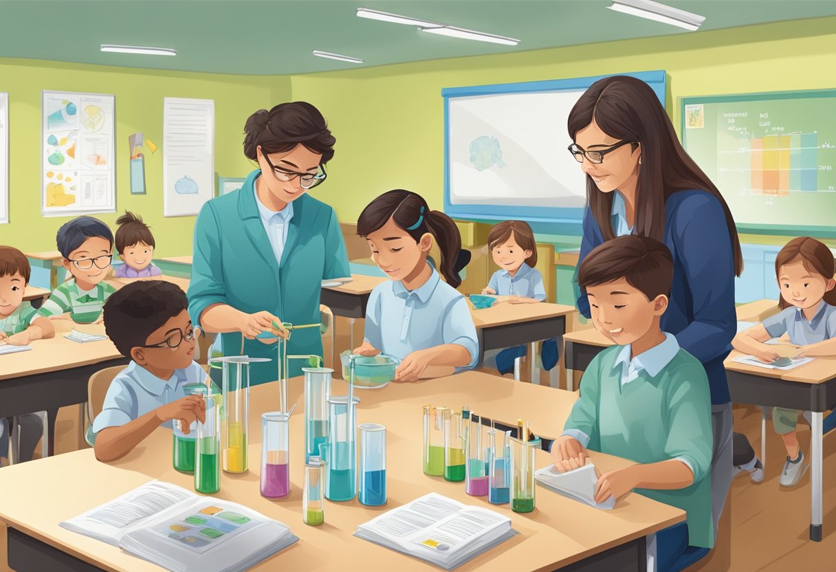 Experiments in Primary: A classroom setting with young students conducting hands-on experiments, teacher facilitating, and educational materials displayed