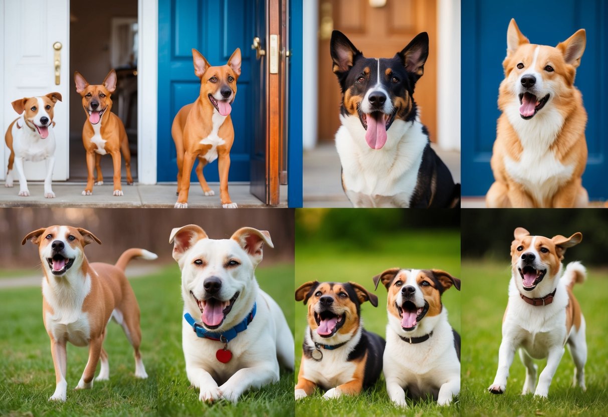 A group of dogs barking in various situations: at the door, when playing, in response to other dogs, when anxious, excited, or seeking attention