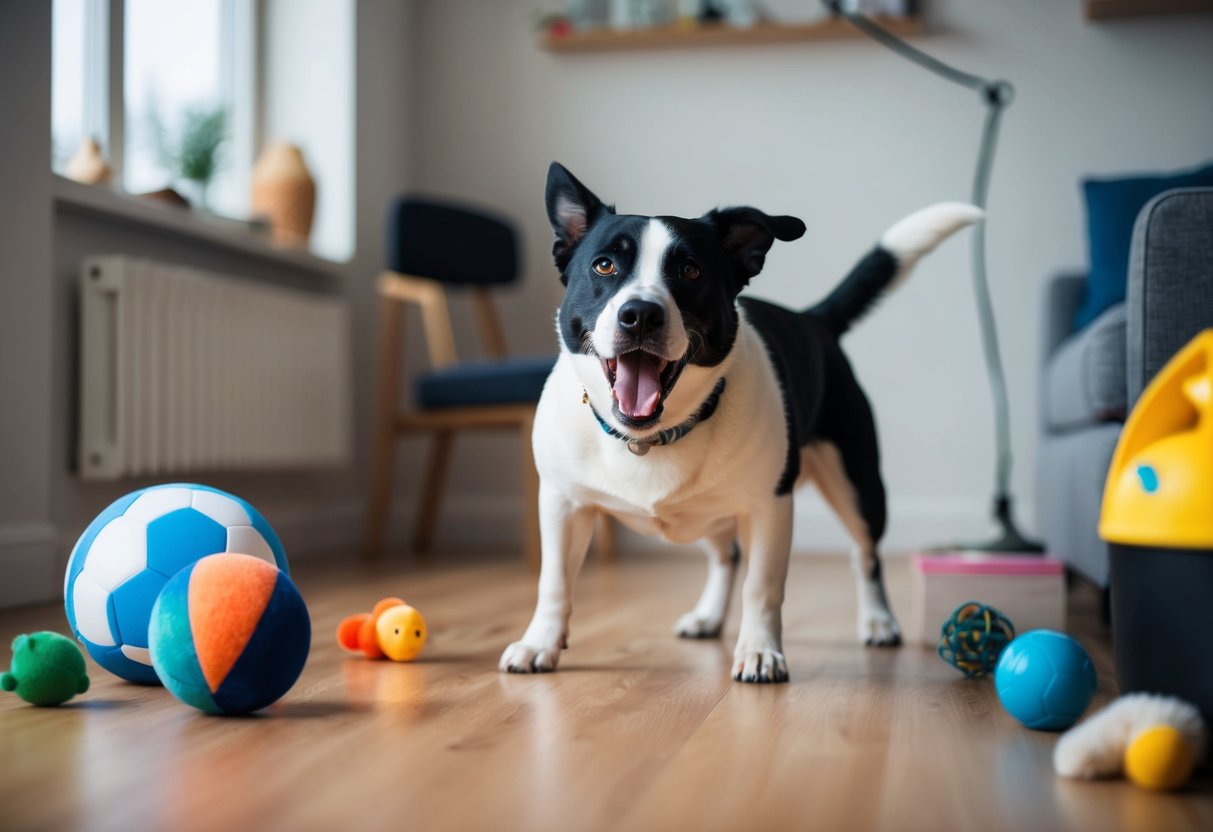 A dog barking in a quiet room, surrounded by various objects and toys