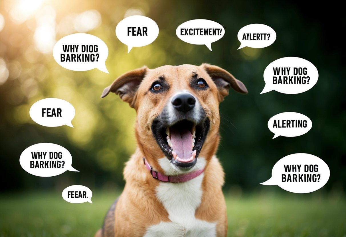 A dog barking anxiously, surrounded by 10 speech bubbles with reasons for barking, such as fear, excitement, and alerting