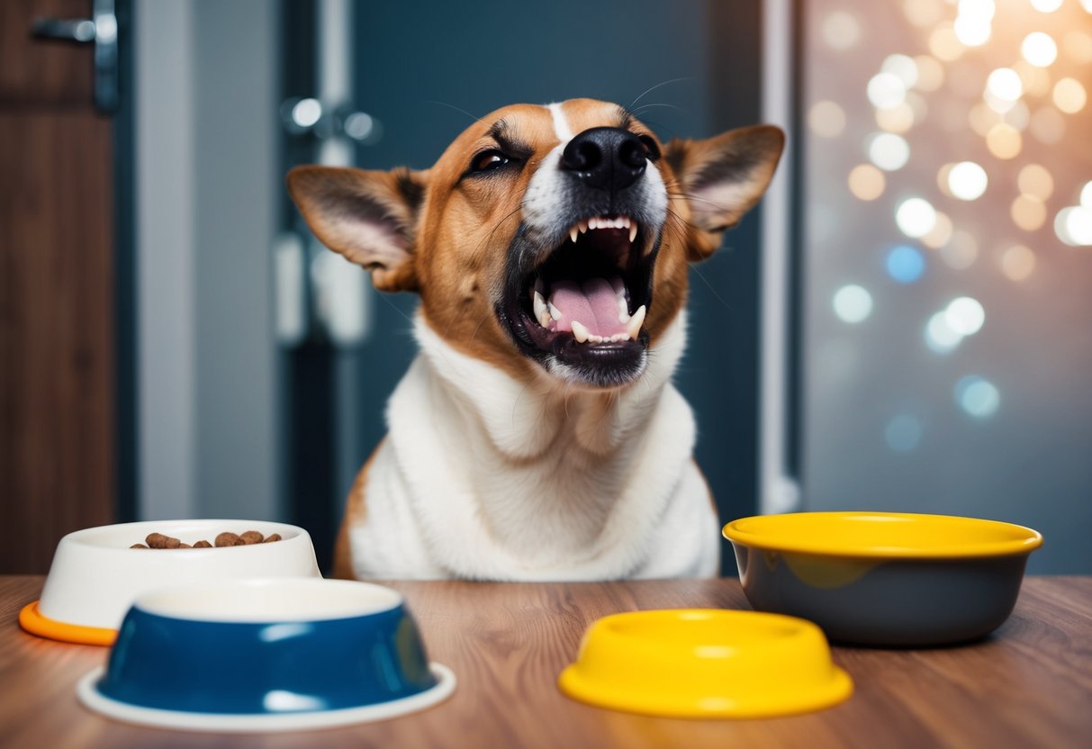 A dog barking with a scrunched-up face, furrowed brow, and raised hackles, surrounded by various objects that may trigger frustration, such as an empty food bowl or a closed door