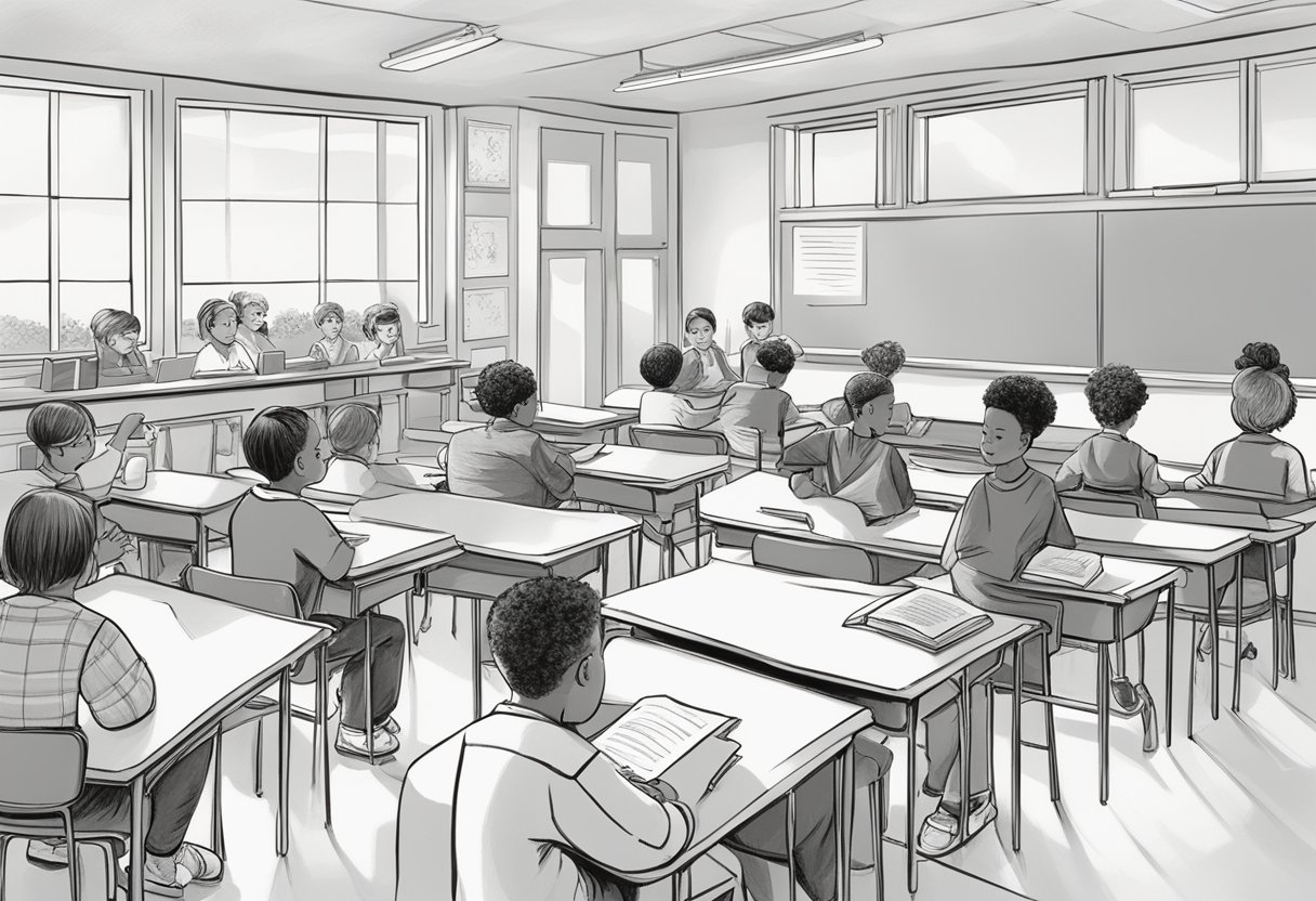 A classroom setting with students engaged in various reading comprehension activities, such as group discussions, independent reading, and interactive exercises