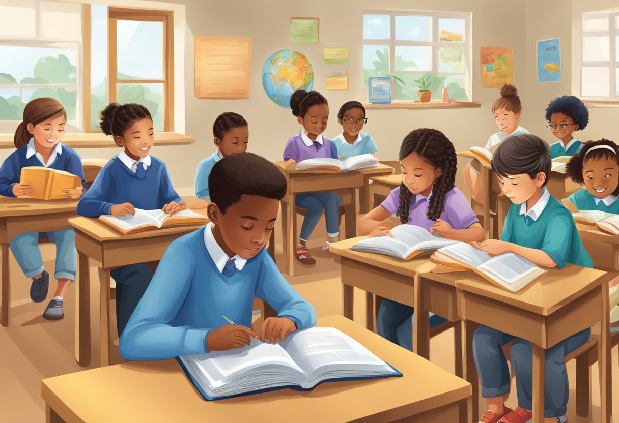 Advanced Reading Comprehension Techniques for Upper Primary Classes: Boosting Literacy Skills in Years 5-6 reading comprehension,Reading LearningMole A diverse group of upper primary students engaged in various reading comprehension activities in a well-equipped classroom setting