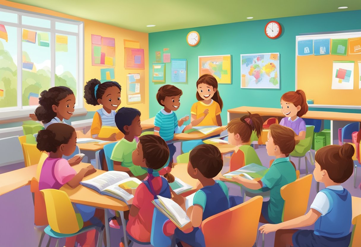 reading comprehension: A group of young learners eagerly interact with colorful, interactive reading materials in a bright and welcoming classroom setting