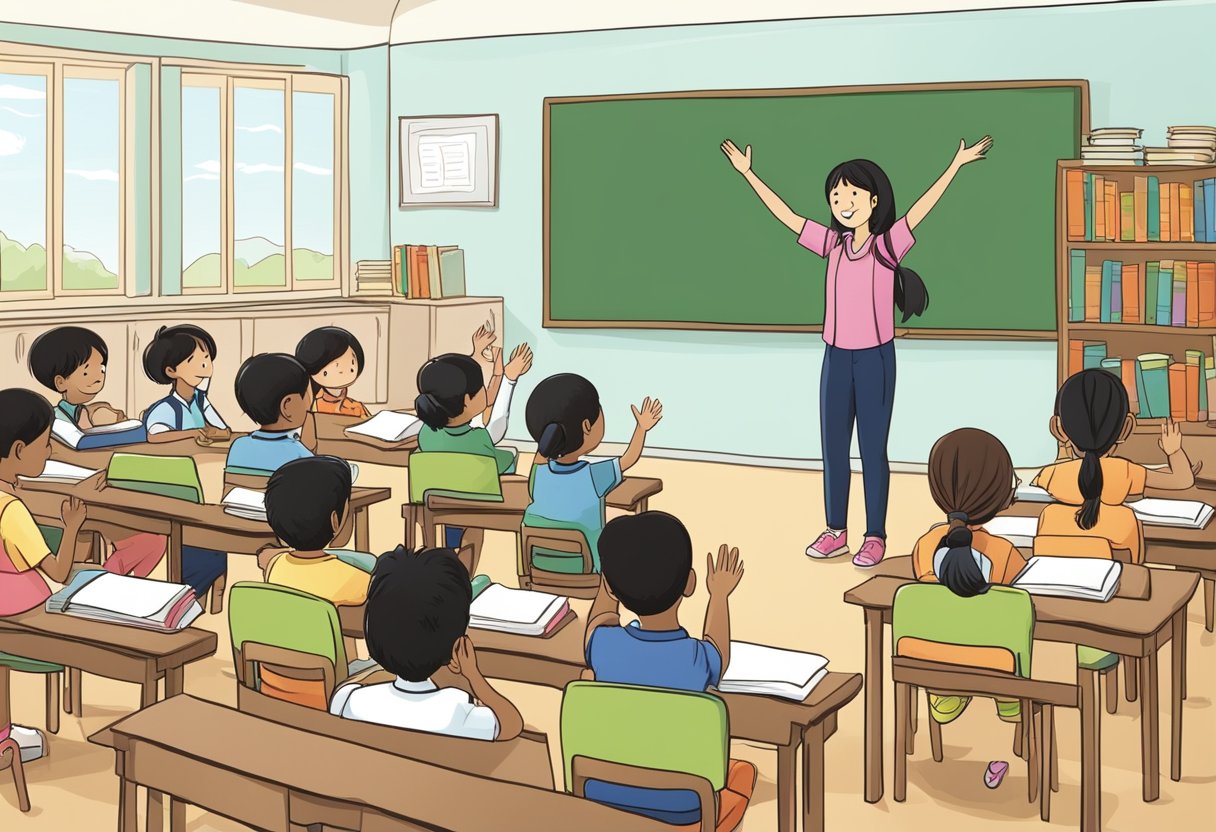 Advanced Reading Comprehension Techniques for Upper Primary Classes: Boosting Literacy Skills in Years 5-6 reading comprehension,Reading LearningMole A group of upper primary students eagerly raising their hands to ask questions during an advanced reading comprehension class. The teacher stands at the front, ready to answer their inquiries