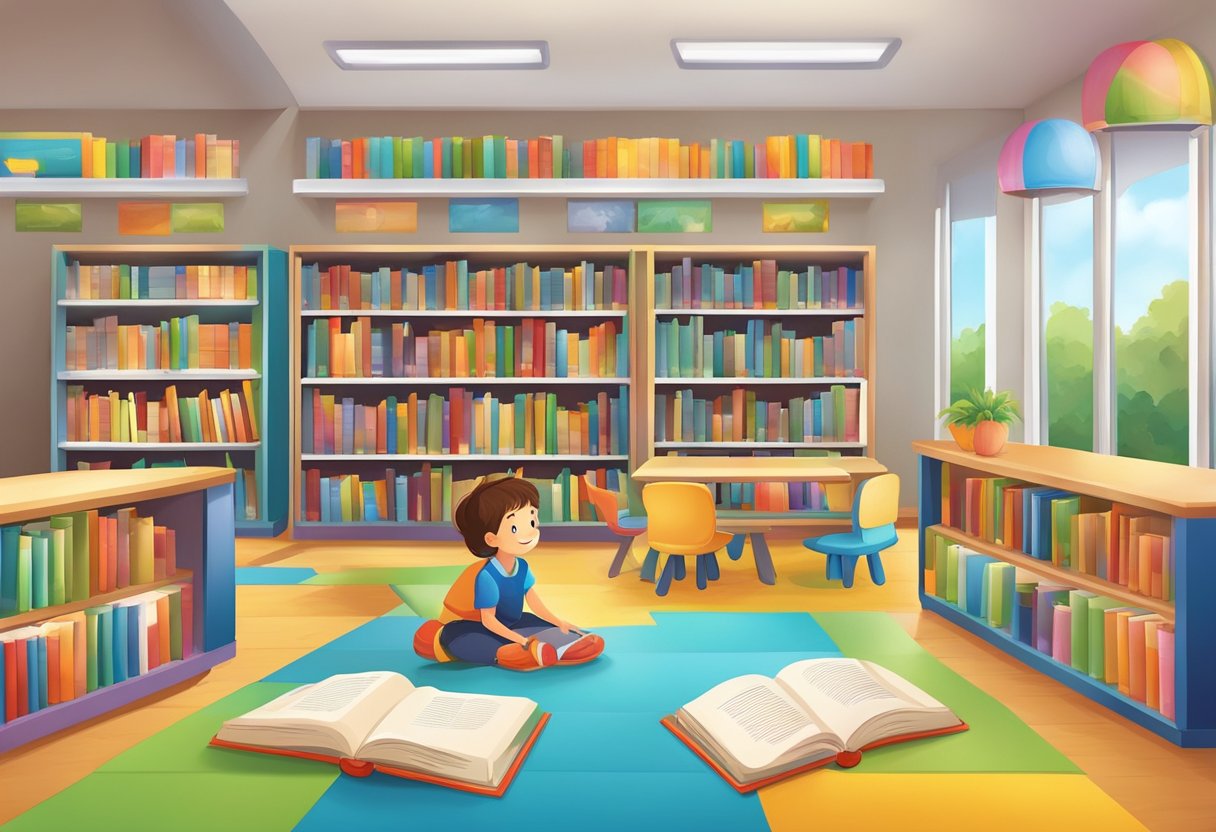 reading comprehension: A colorful library setting with various books, interactive learning tools, and young children engaged in reading and language development activities