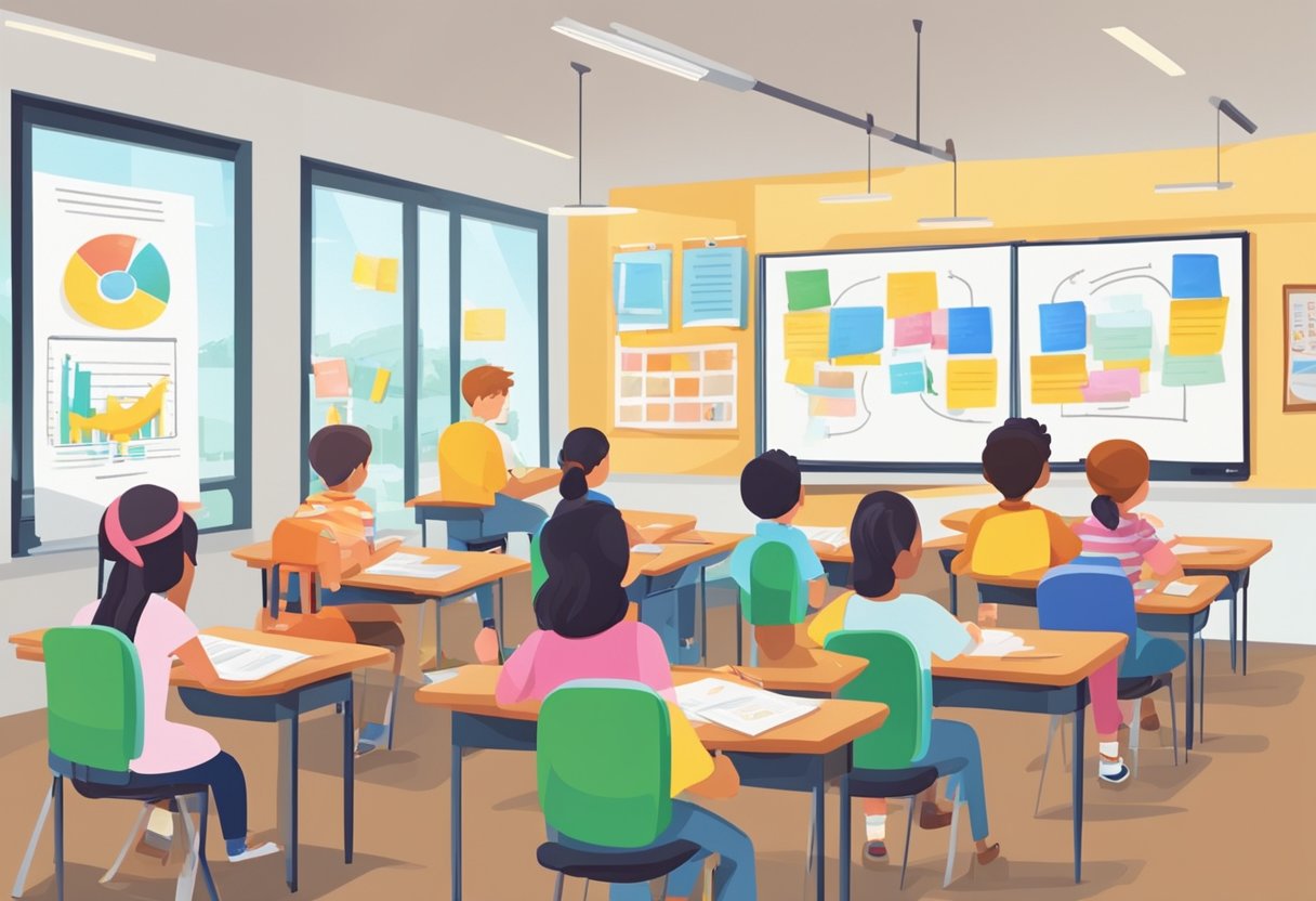 A classroom with colorful posters and diagrams on grammar rules and examples, students engaged in grammar activities at their desks