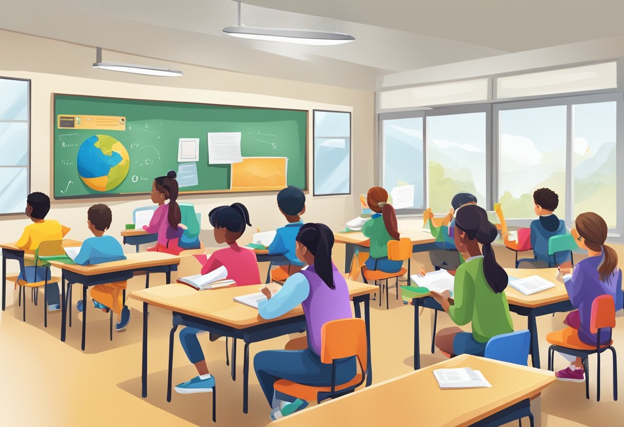 A classroom setting with students engaged in various activities, such as writing, reading, and speaking, all related to the application of grammar in real-life situations