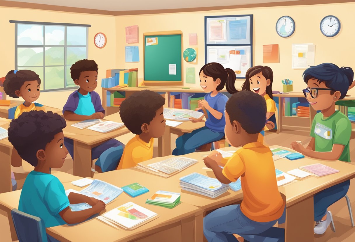 A classroom setting with young students engaging in hands-on grammar activities, such as using flashcards or playing educational games