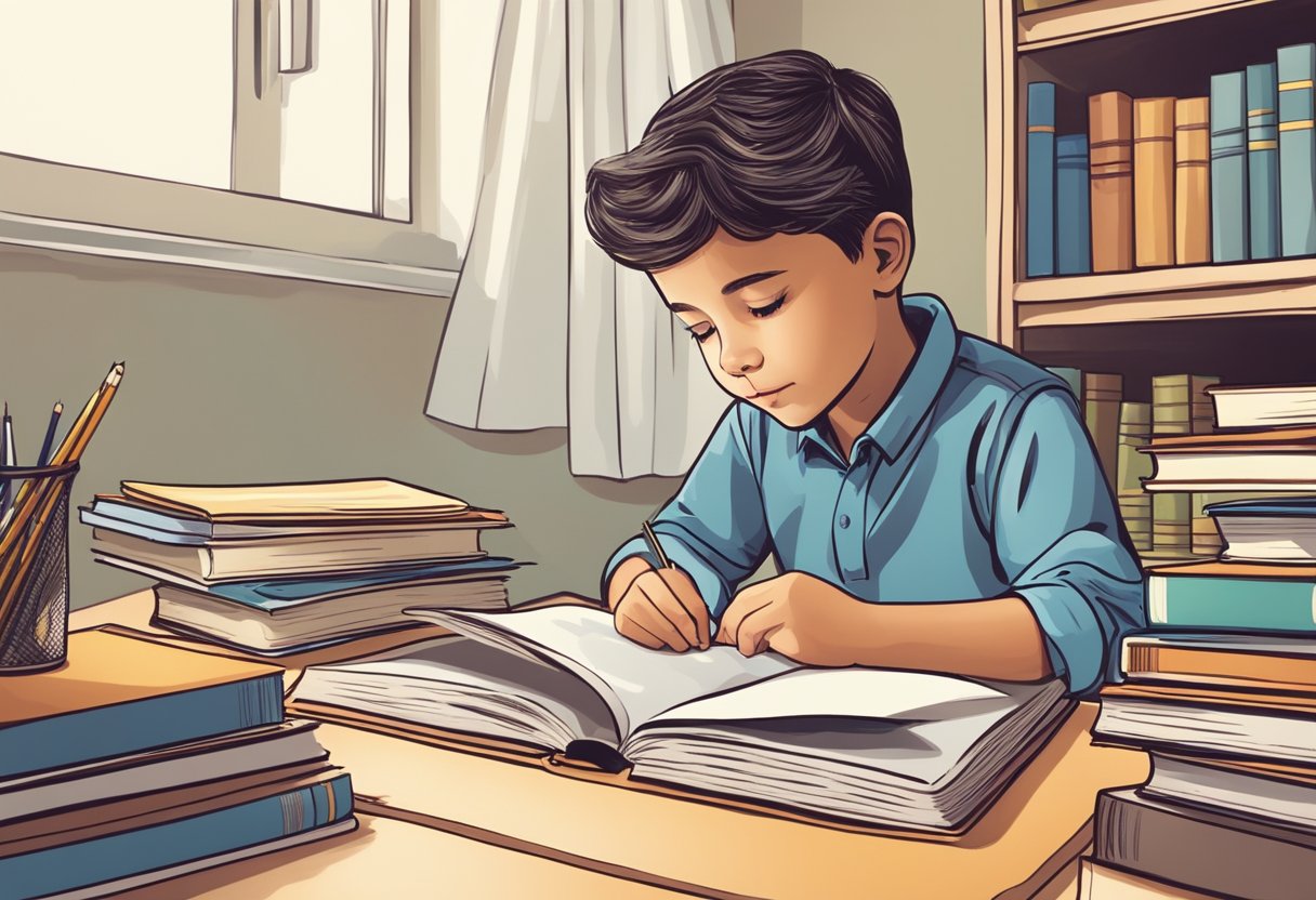 reading comprehension: A young child sitting at a desk, surrounded by books and educational materials. They are reading and answering questions in a workbook, demonstrating reading comprehension in a primary education setting