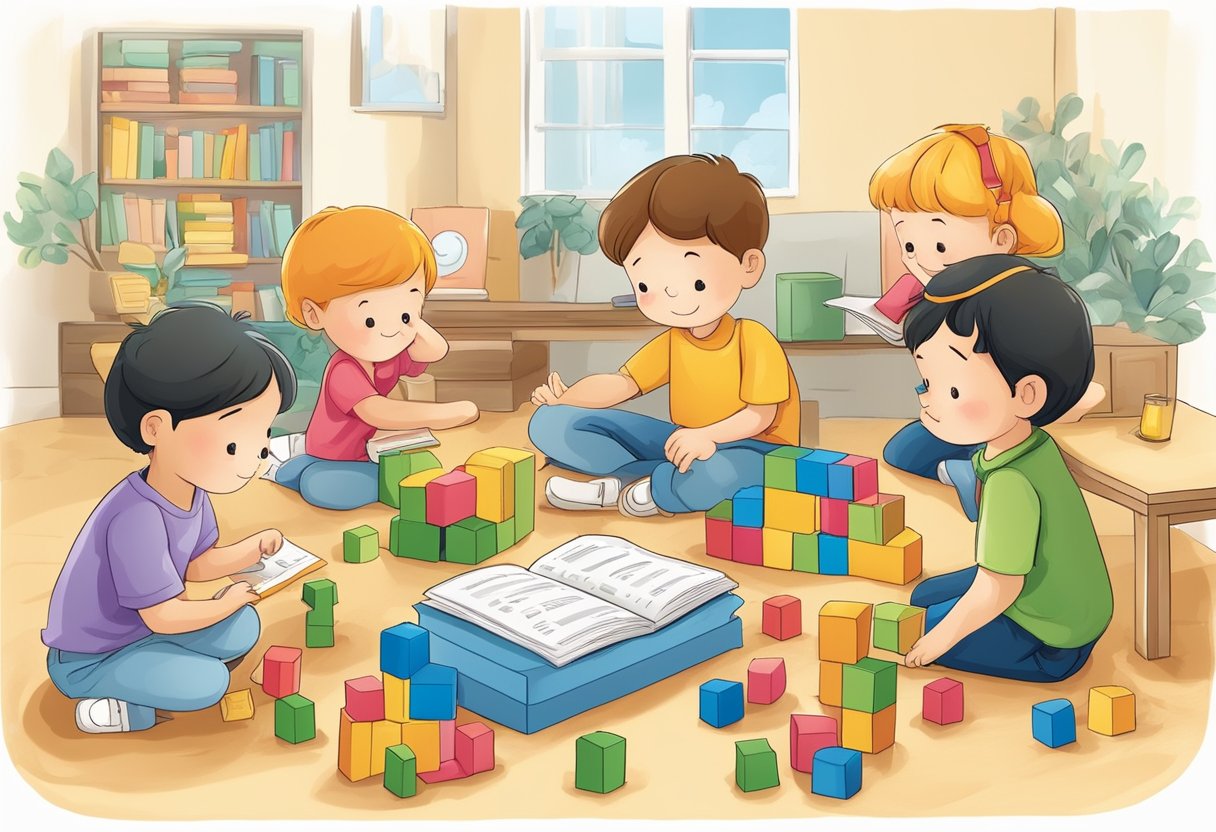 Children using grammar concepts in creative projects, like building sentences with blocks or creating stories with grammar rules incorporated