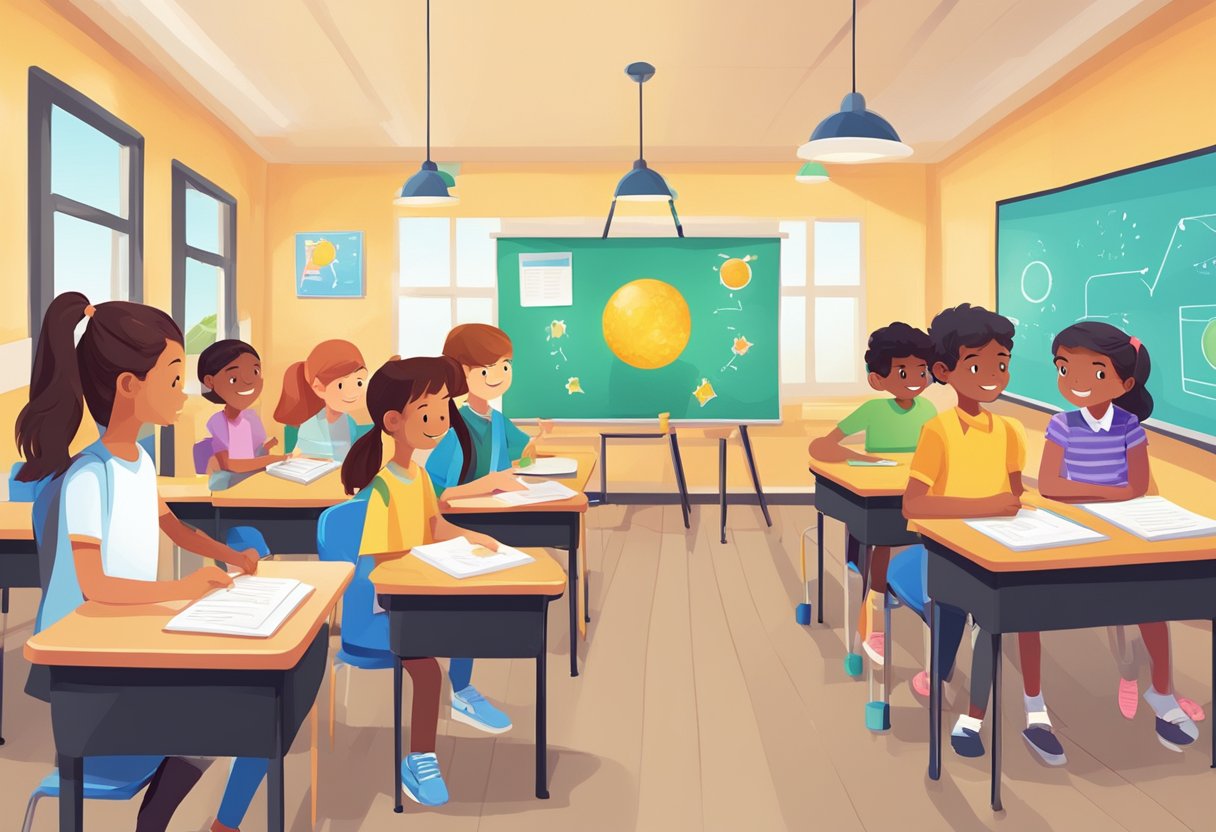 A classroom with young students engaged in grammar activities, using colorful visuals and interactive tools to learn real-life applications
