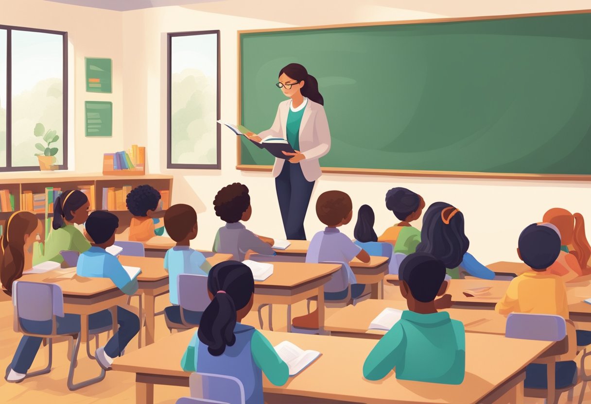 reading comprehension: A classroom with students engaged in various reading activities, such as group discussions, reading aloud, and independent reading. The teacher is providing guidance and support to the students