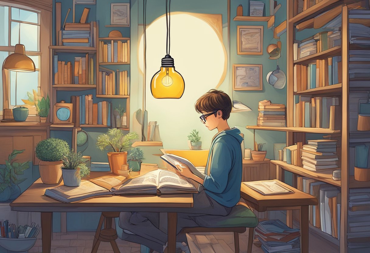 reading comprehension: A young student reading a book, with a lightbulb above their head, surrounded by various real-life objects related to the story