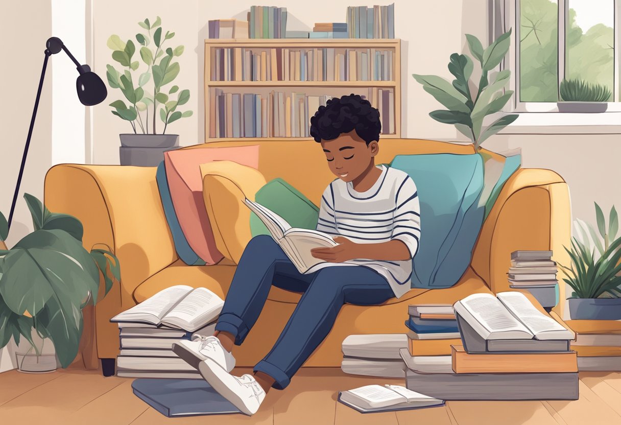 reading comprehension: A young student engrossed in a book, surrounded by educational materials and a cozy reading nook