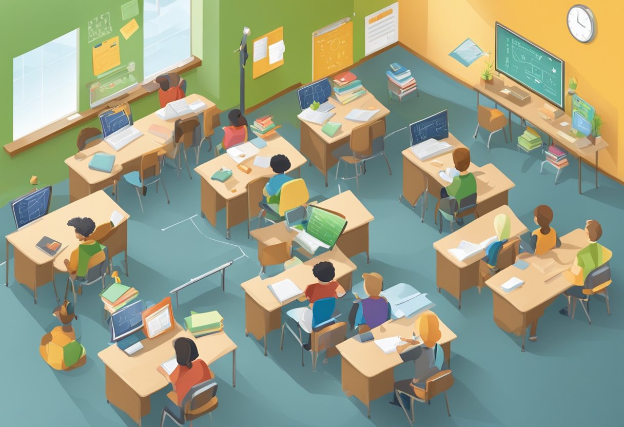A classroom setting with various subjects (math, science, history) connected by arrows, illustrating how grammar supports cross-curricular learning