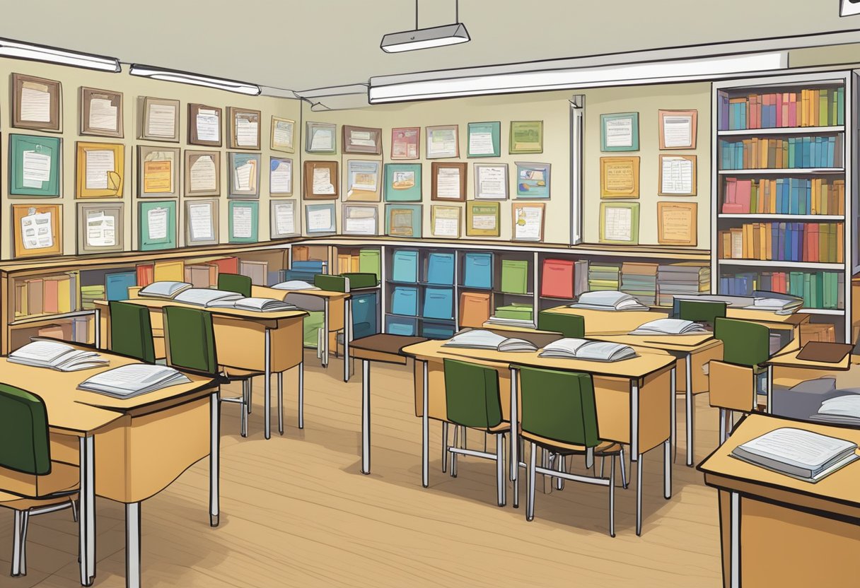 reading comprehension: A classroom with various choice boards displayed on the wall, each featuring different reading comprehension activities. Books and reading materials are neatly organized on shelves