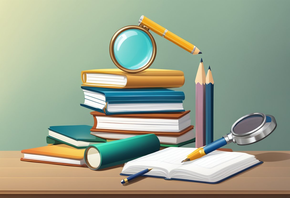 Reading assessment: A stack of books with a pencil and notebook, a progress chart, and a magnifying glass on a table